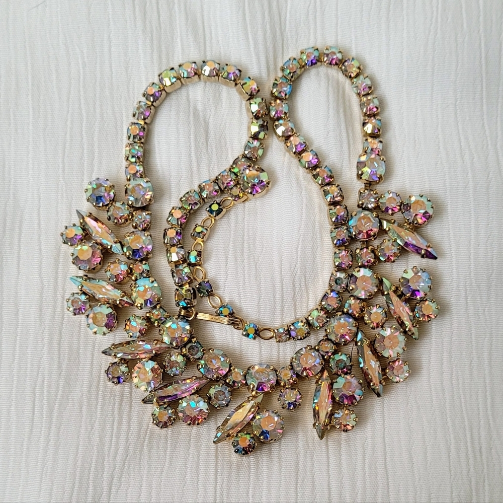 Elegant Signed Sherman Gold Aurora Borealis Crystal Necklace 16"